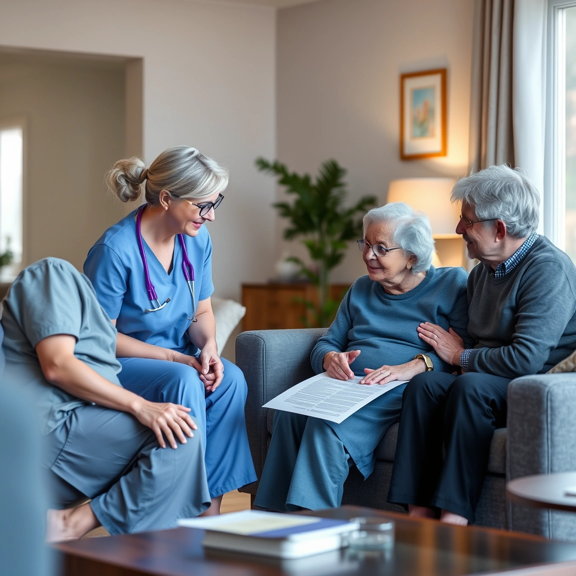 A care coordinator meets with an older adult and family member to assess home care needs.