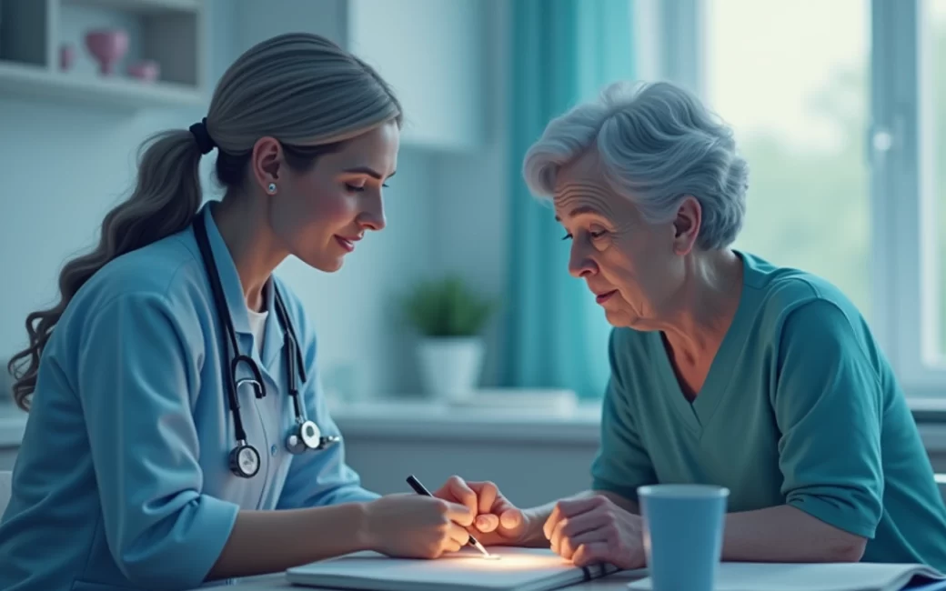 A home care aide helps an elderly person with daily personal care during an in-home visit.
