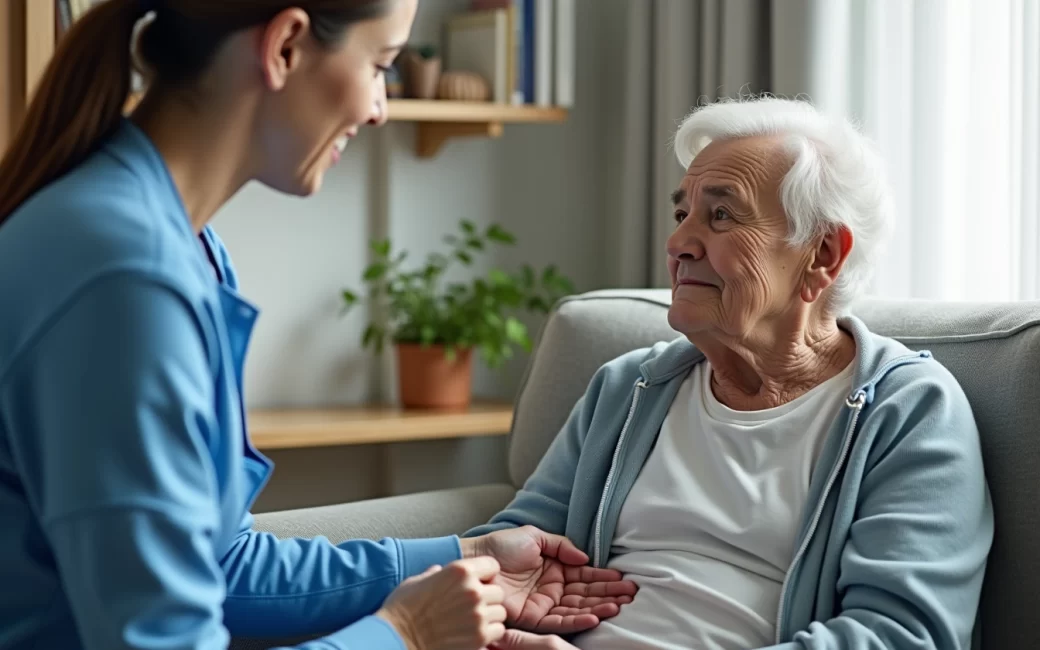 An older adult receiving assistance from a caregiver in a home setting.