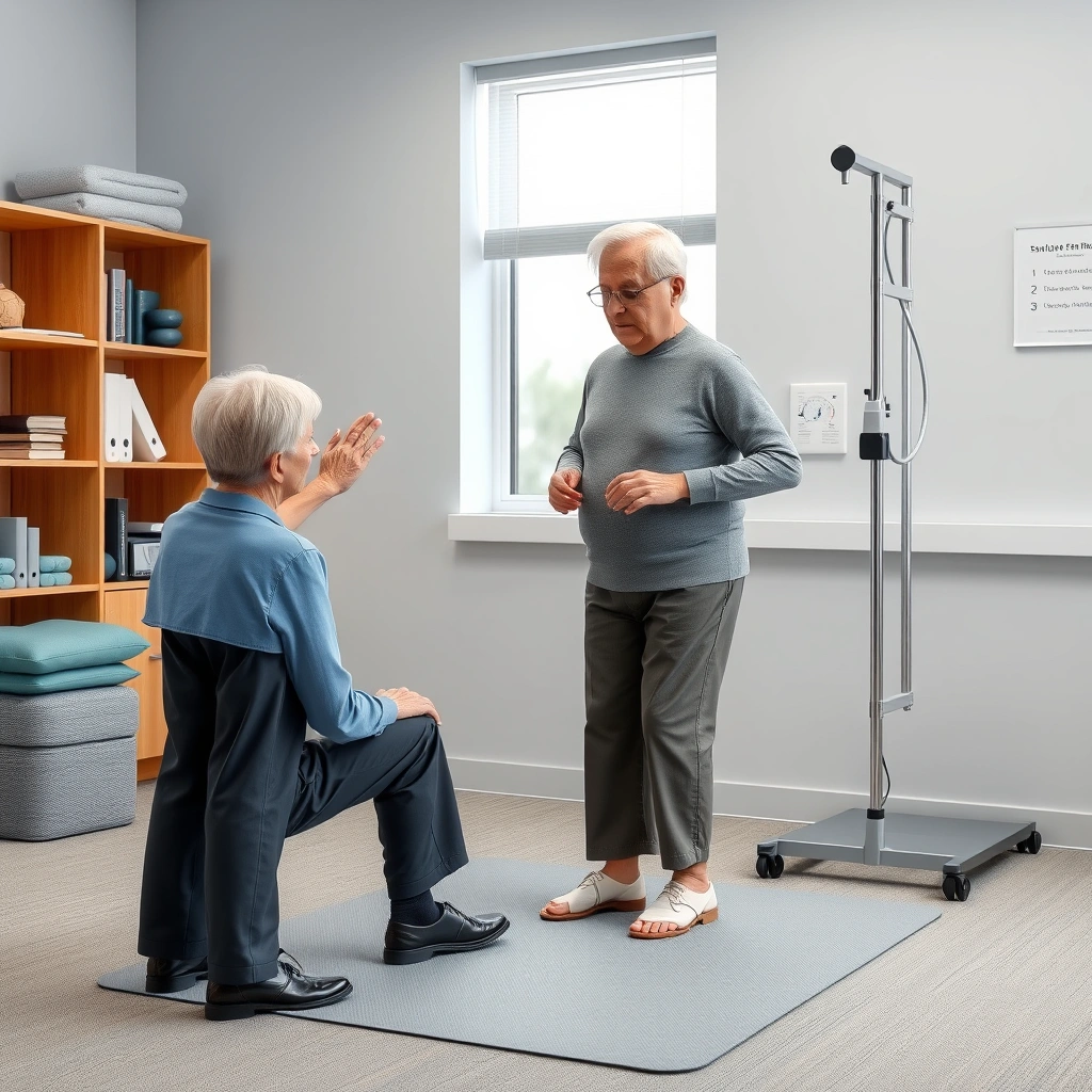 Elderly patient rising from a chair during a functional strength test with therapist supervision.
