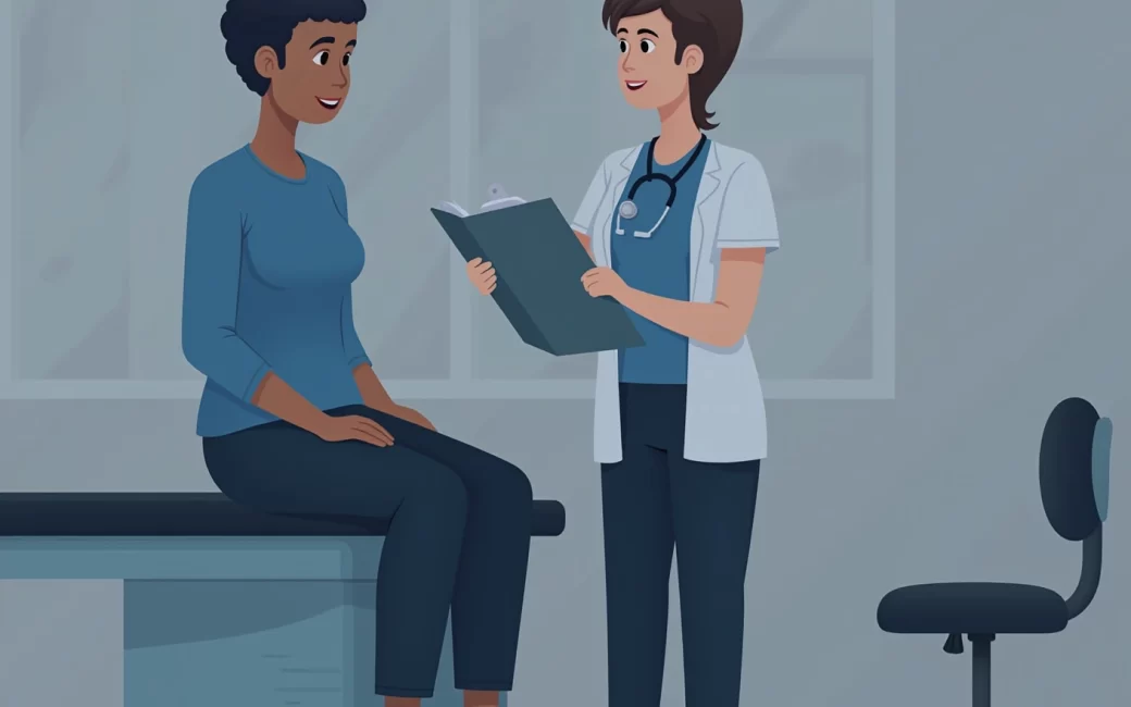 Physical therapist measuring a patient's arm range of motion during an initial evaluation.
