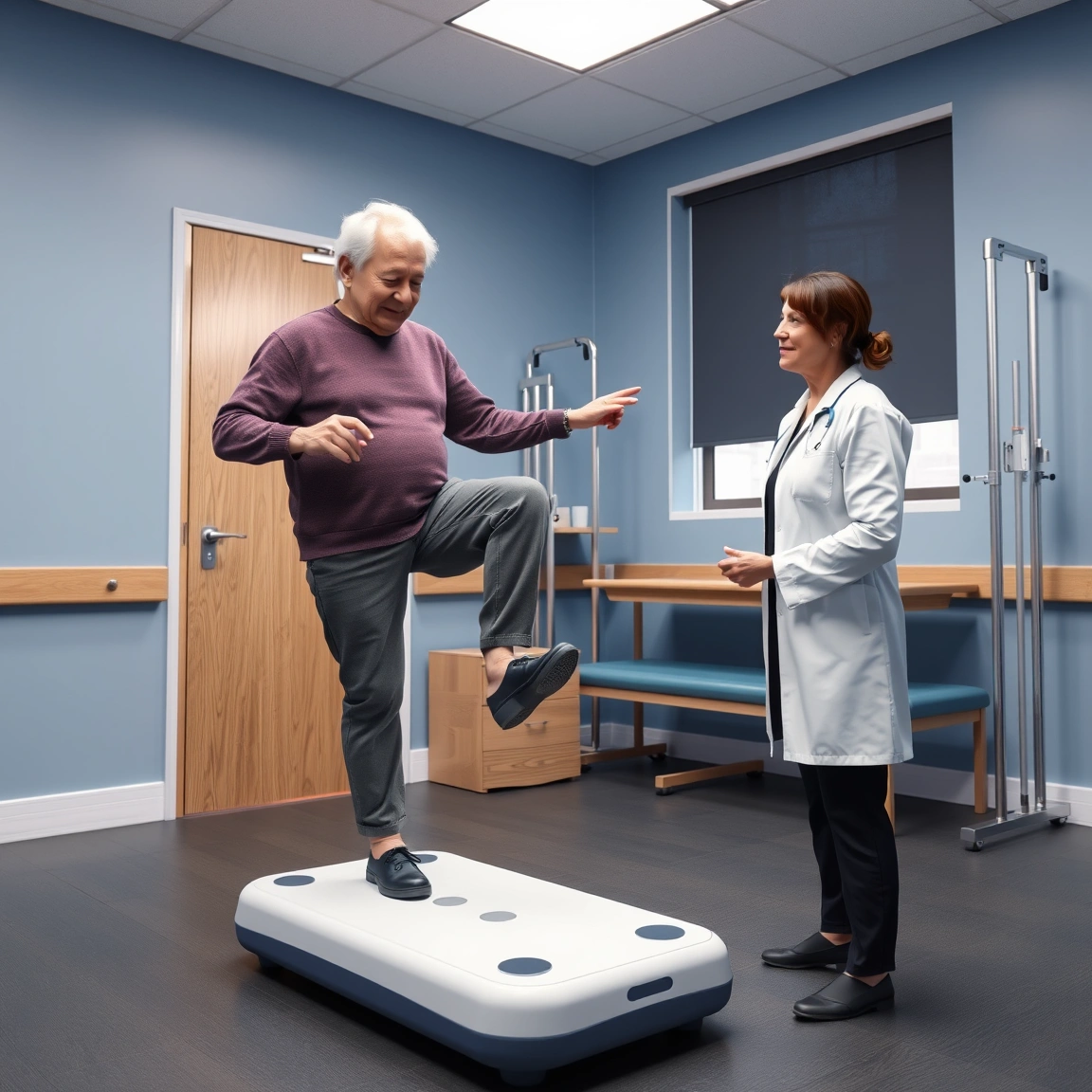 Older adult performing a balance exercise under supervision during a physical therapy session.