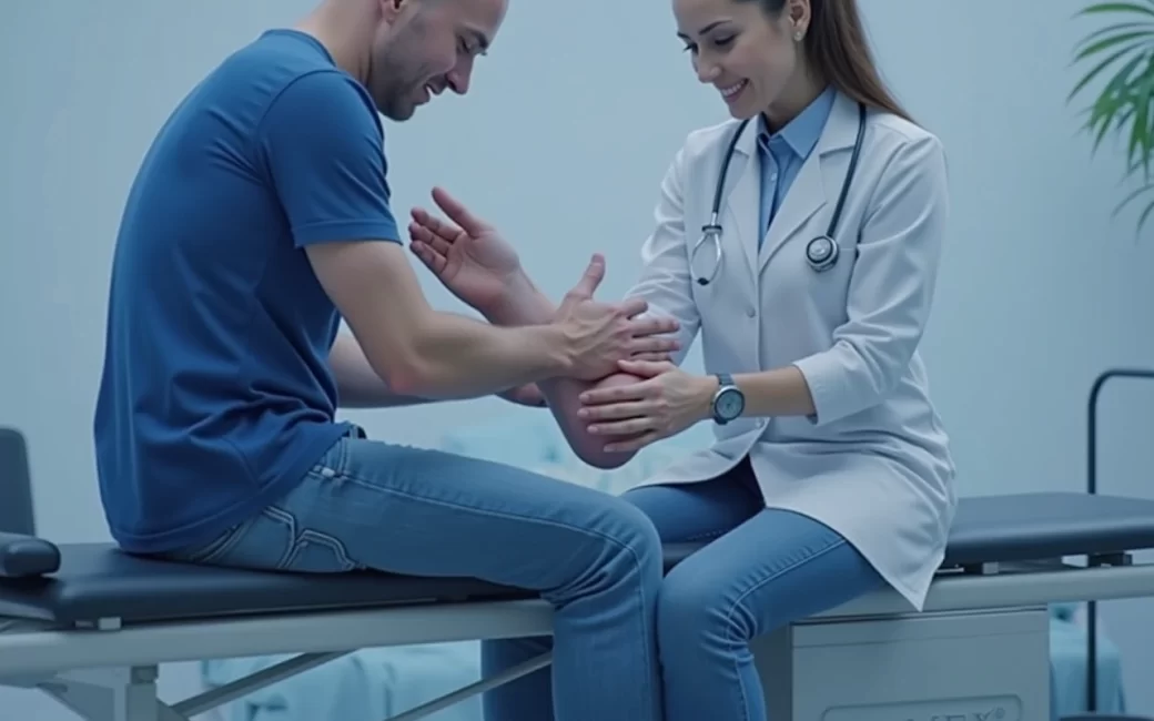 Physical therapist evaluating ankle mobility on a patient during initial physical therapy assessment.