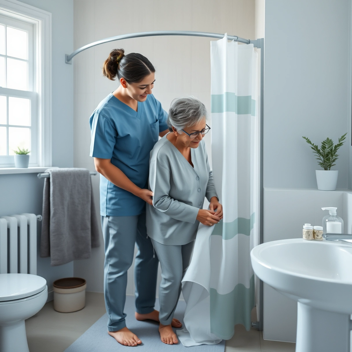 Caregiver providing personal care assistance during bathing