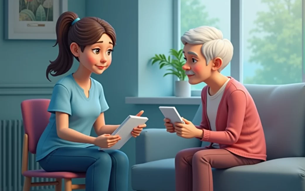 Adult and senior reviewing care plan notes together at home